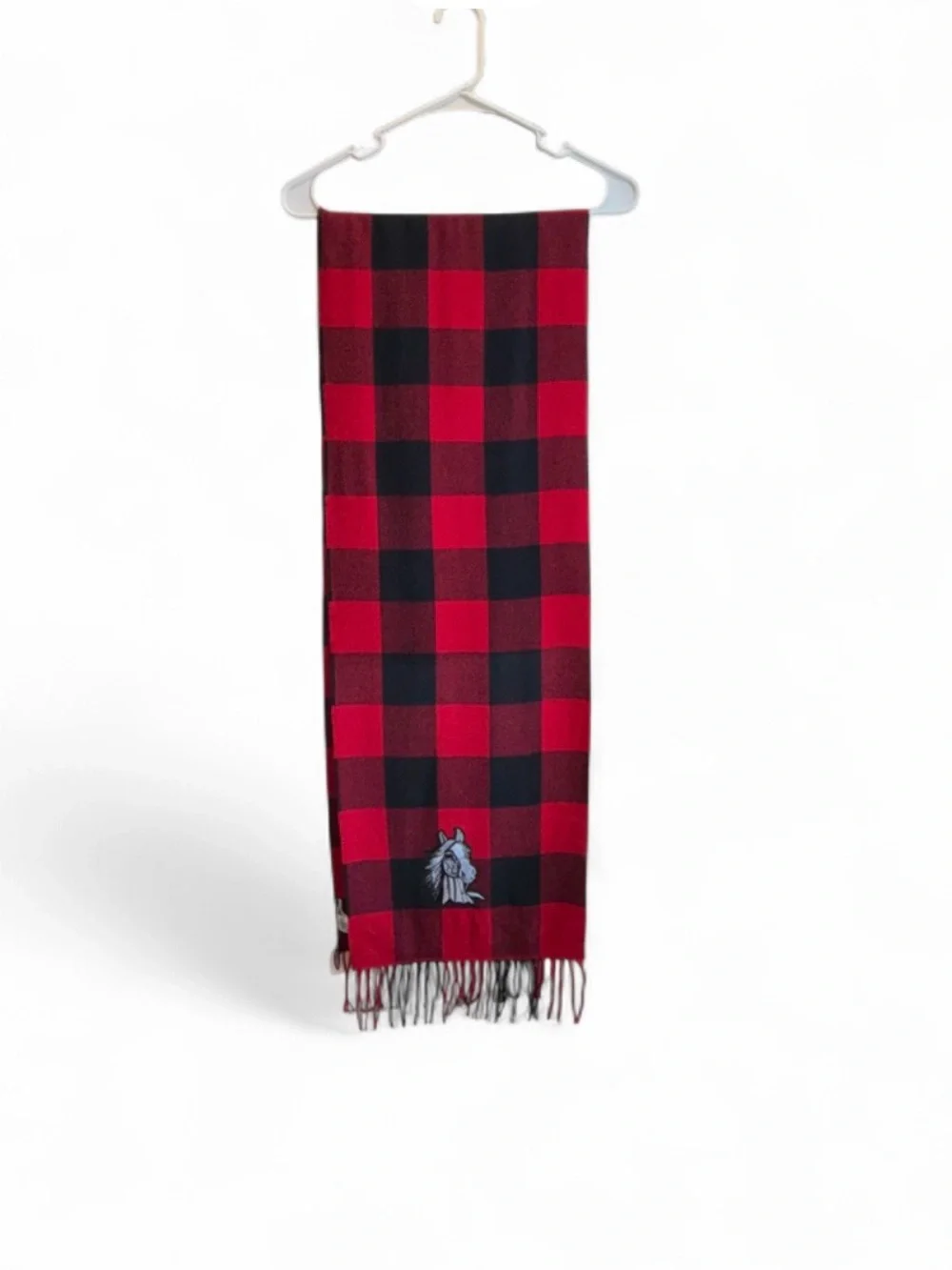 Old Navy Red and Black Plaid Wool-Blend Fringe Scarf